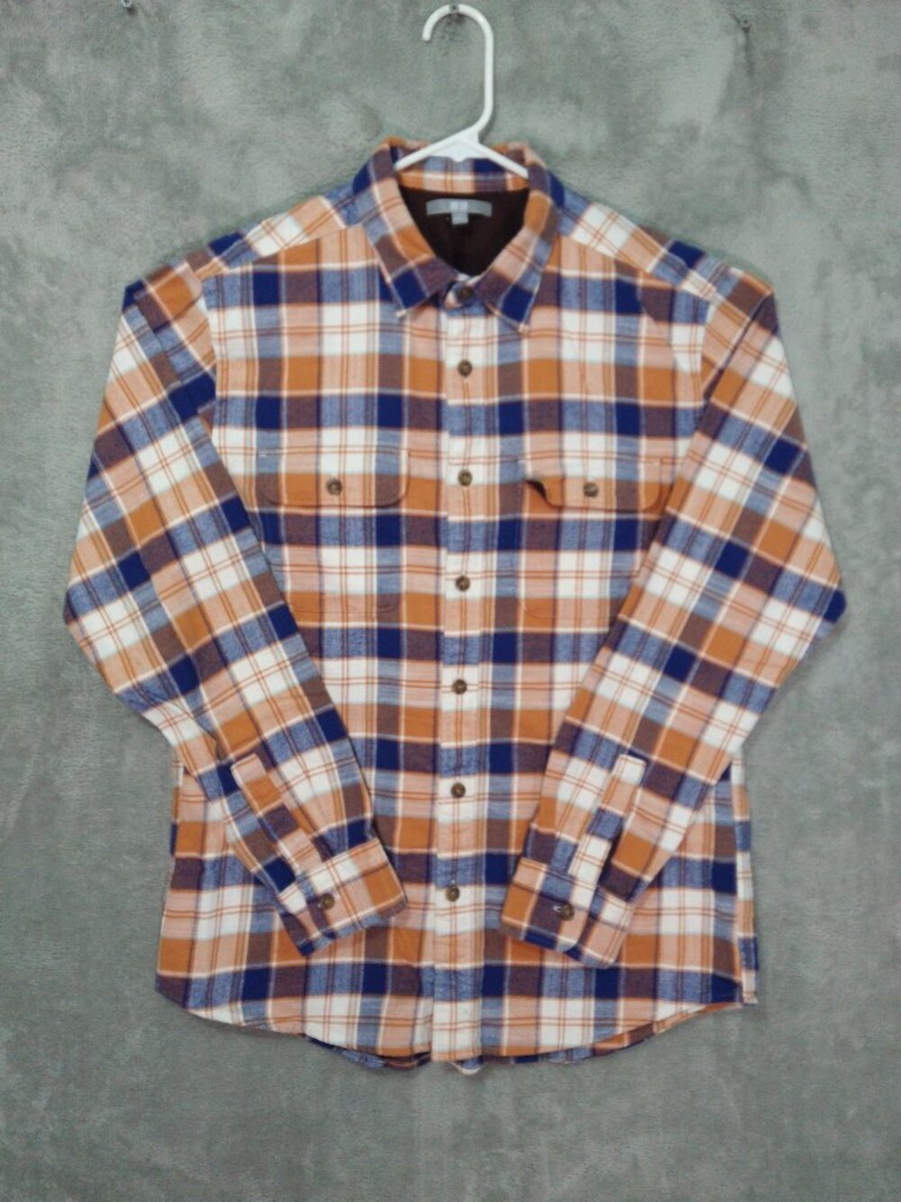 Uniqlo Shirt Mens Medium Tan Blue Plaid Flannel Button Down Long Sleeve Cotton
